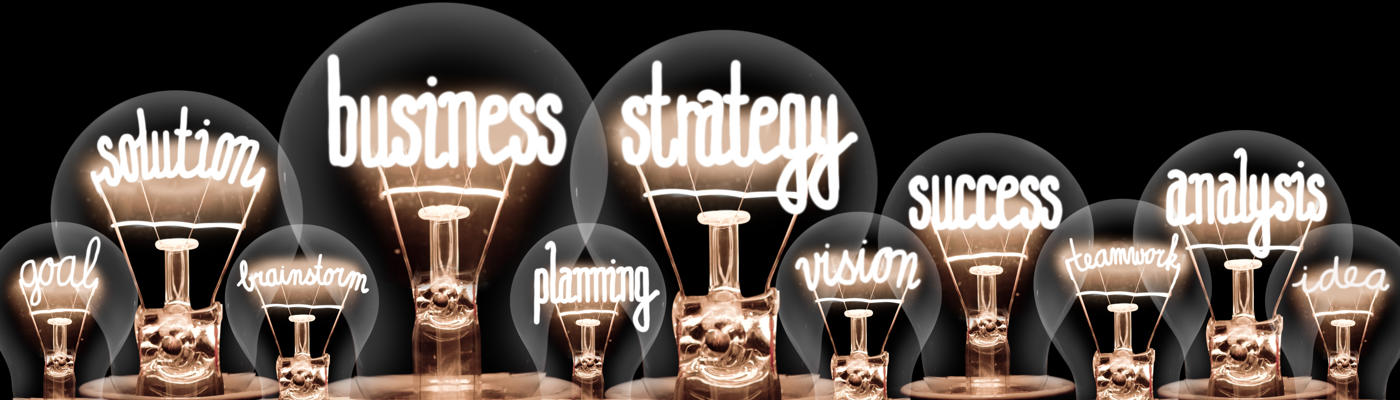 Photo of shining light bulbs with words related to Business Strategy inside them